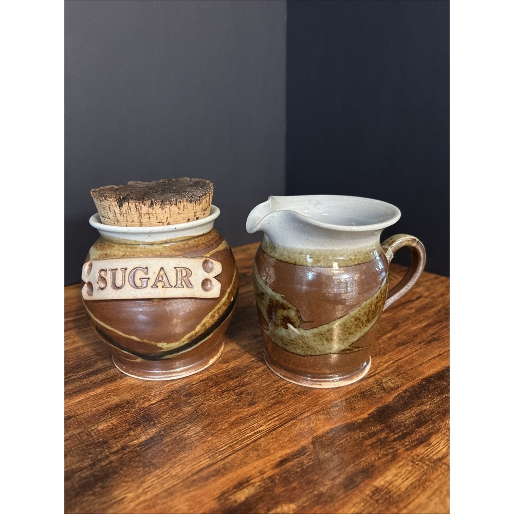 2001 Whitefish Pottery Sugar Bowl Cork Lid  & Creamer Set Browns Made in USA VTG